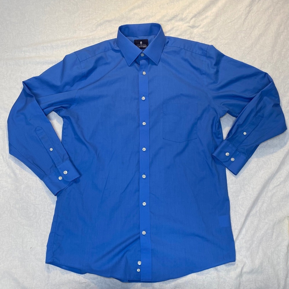 Stafford Travel Easy Care Broadcloth Dress Shirt Men's Medium 15-15.5 Blue